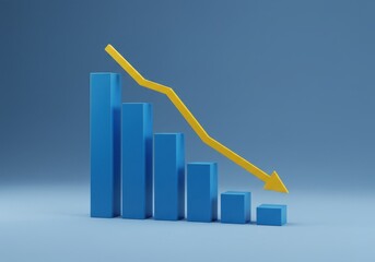 Blue bar graph showing downward trend with yellow arrow on a blue background in a studio shot