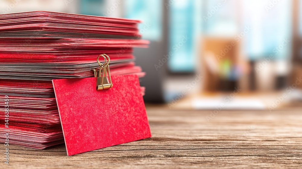 Poster brightly colored stack of red binders neatly organized on a table signifying order and structure in 