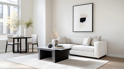 Modern apartment living area, featuring a light and airy aesthetic.  A comfortable and stylish space with minimalist furniture and decor