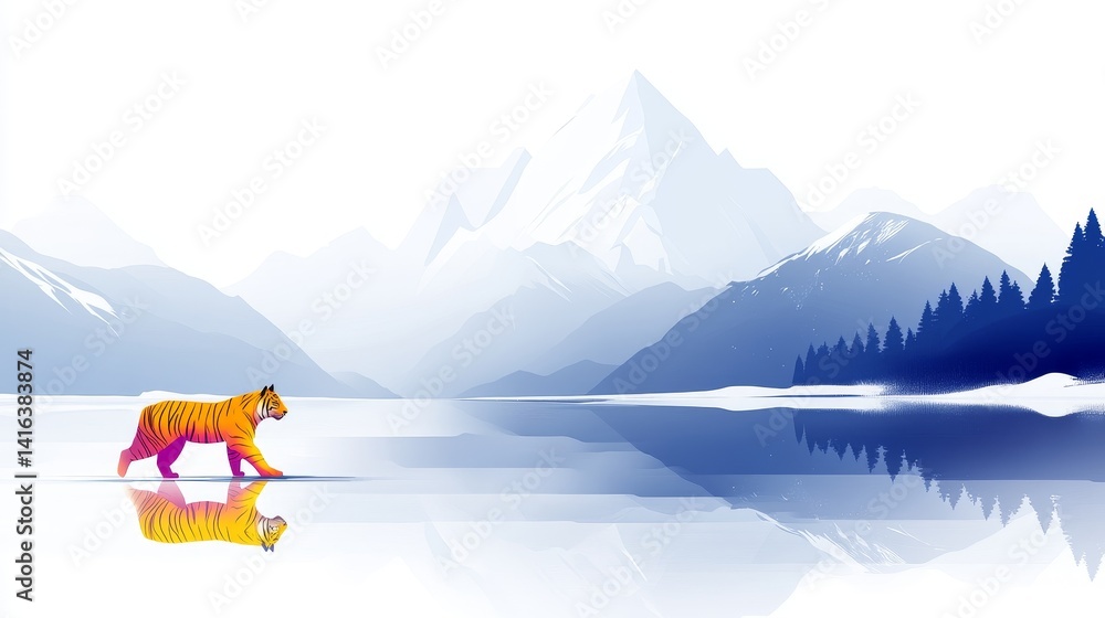 Poster voxelated predator across a mirrored lake surrounded by gradient mountains illustration a harmonious