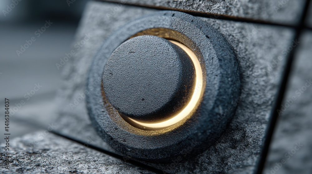 Poster metal button switch embedded in wall with subtle glow indicating pre-activation state and potential 