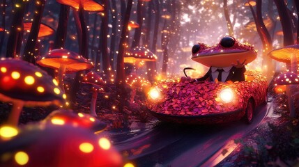 Frog in a suit driving a leaf car through a magical mushroom forest. Fantasy, whimsical, and nature concepts.