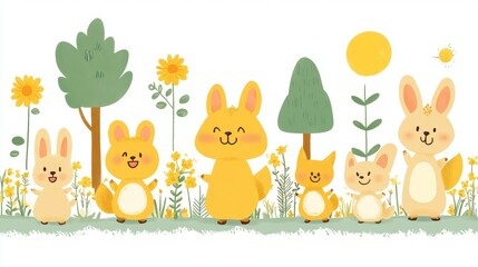 Naklejka premium Whimsical woodland scene featuring charming bunny families amidst pixelated trees flowers sun creating a cute vector illustration wallpaper design