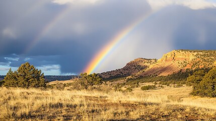 Obraz premium Rainbows in Nature: A Vibrant Tapestry of Life and Color with Flora, Fauna, and Geological Features