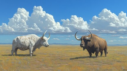 Two magnificent yaks, one with a pristine white coat and the other a rich brown, grazing peacefully on a vast open grassland under a vibrant blue sky