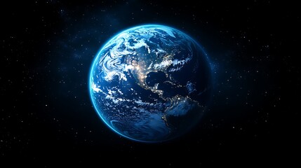 Fototapeta premium Glowing Earth from Space at Night, A glowing view of Earth from space, highlighting city lights and continents