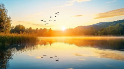 Obraz premium Serene Lakeside Sunrise, Birds Silhouetted Against a Golden Sky
