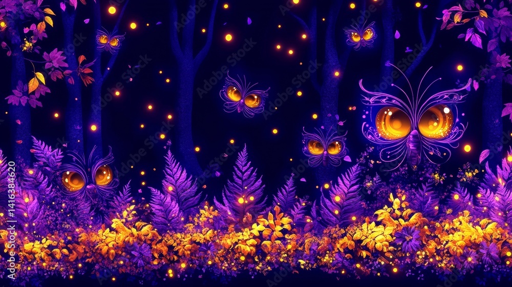 Poster enchanted nocturnal forest with ethereal glowing orbs and sparkling flora creating an otherworldly m