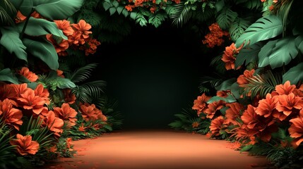 Enchanted floral pathway creating an inviting entrance with cascading blooms and verdant foliage offering a sense of mystery and beauty for design elements