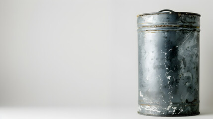 A rusted metal container sits on a white background