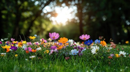 Fototapeta premium Vibrant wildflower meadow sunrise sunset nature photography