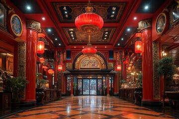 Obraz premium A beautiful red and gold decorated asian style hallway entrance