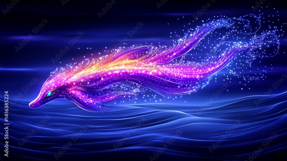 Poster dynamic digital dolphin rendering with vibrant neon light particle effect against deep blue oceanic 