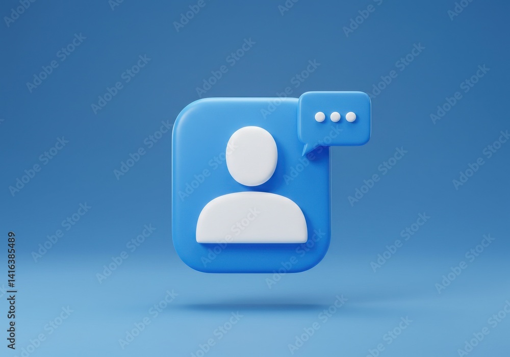 Poster a blue profile icon with a message bubble floating above it on a blue background in a studio shot