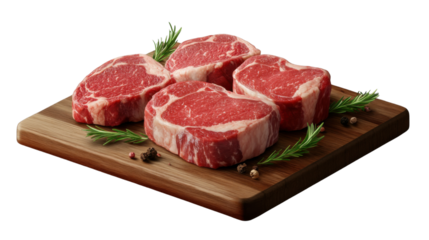 Fresh Cuts on Display: A close-up shot reveals raw, juicy steaks artfully arranged on a wooden cutting board, complemented by fresh herbs and peppercorns.