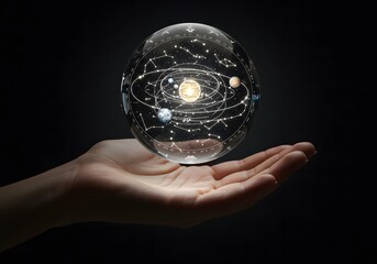 Crystal ball containing star charts and astronomy diagrams floating in the orb