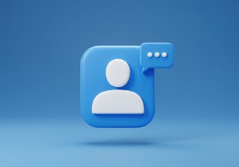 A blue profile icon with a message bubble floating above it on a blue background in a studio shot