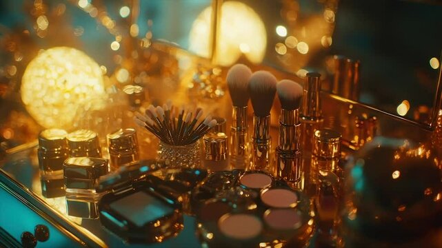 Glamorous vanity setup with gold accents, makeup brushes, and cosmetics