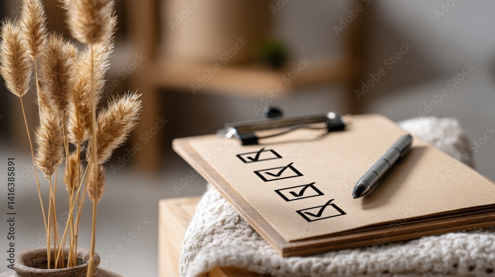Poster professional pen and open notebook on a simple clipboard ready for organization and planning with ch