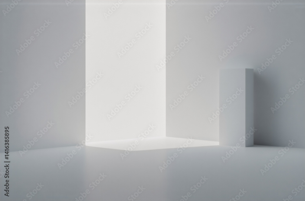 Poster a minimalist 3d rendering of a bright, white interior space. a single light source illuminates a sma