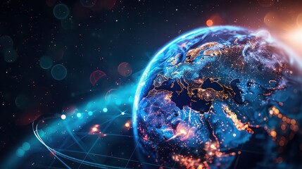 Obraz premium Detailed view of earth globe with city lights and glowing network connections in space background