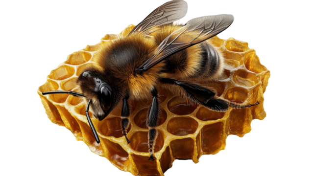 Bee and honeycomb: A close-up shot of a bee perched atop a honeycomb. The bee is meticulously designed with striking details. Capturing a moment of nature's intricate artistry.