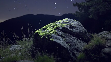 Moss-Covered Rock in the Mountains at Night: A Serene and Mysterious Natural Scene