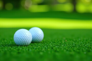 Naklejka premium Golf balls neatly arranged on green synthetic grass , vibrant green, background, golf