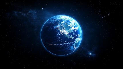 Glowing Earth from Space at Night, A glowing view of Earth from space, highlighting city lights and continents