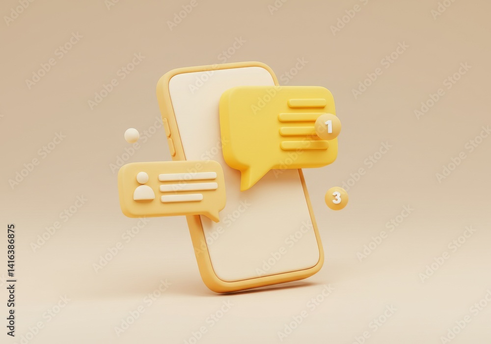 Poster a phone with yellow chat bubbles showing notifications and a plain background in a stylized renderin