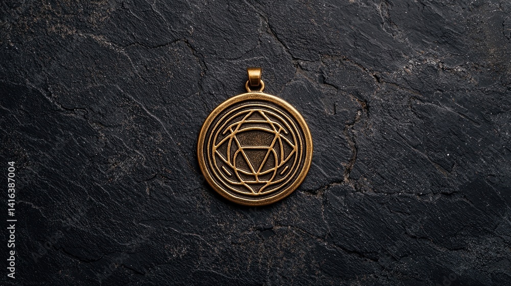 Poster a golden pendant with intricate geometric designs rests on a dark textured surface, reflecting light