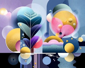 aesthetic leaf collage A vibrant abstract composition featuring colorful shapes and forms, creating a harmonious blend of nature-inspired elements.