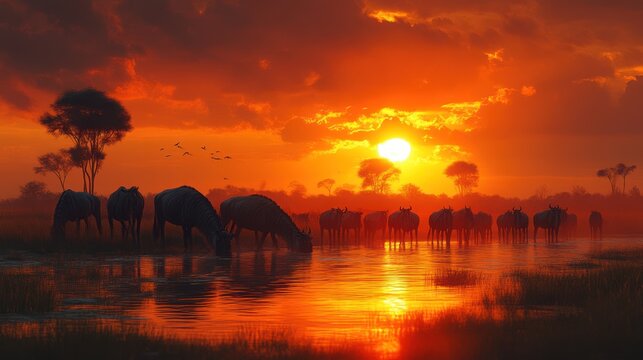 Sunset Over the Savannah Wildlife Gathering at the Waterhole - Powered by Adobe