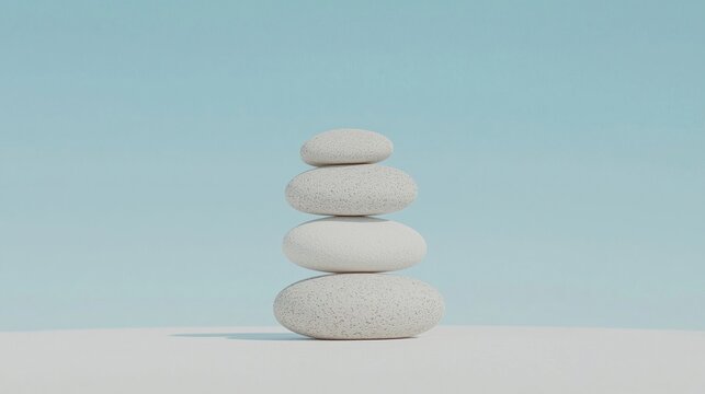 A serene stack of white stones against a light blue background, symbolizing balance and tranquility.