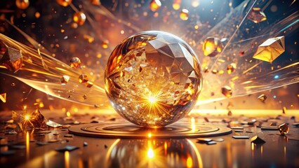 A radiant sphere of multifaceted golden fragments, suspended in a dynamic field of glittering particles and energy streams, rests on a circular platform.
