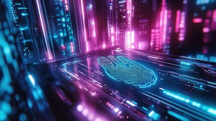 Fototapeta premium Futuristic Fingerprint Scan in Neon-Lit Server Room