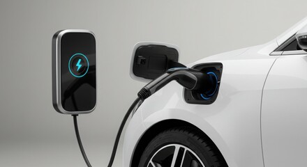 A sleek EV charging port connected to a car isolated on a minimalist street or studio-like background emphasizing clean technology and modern sustainability in transport