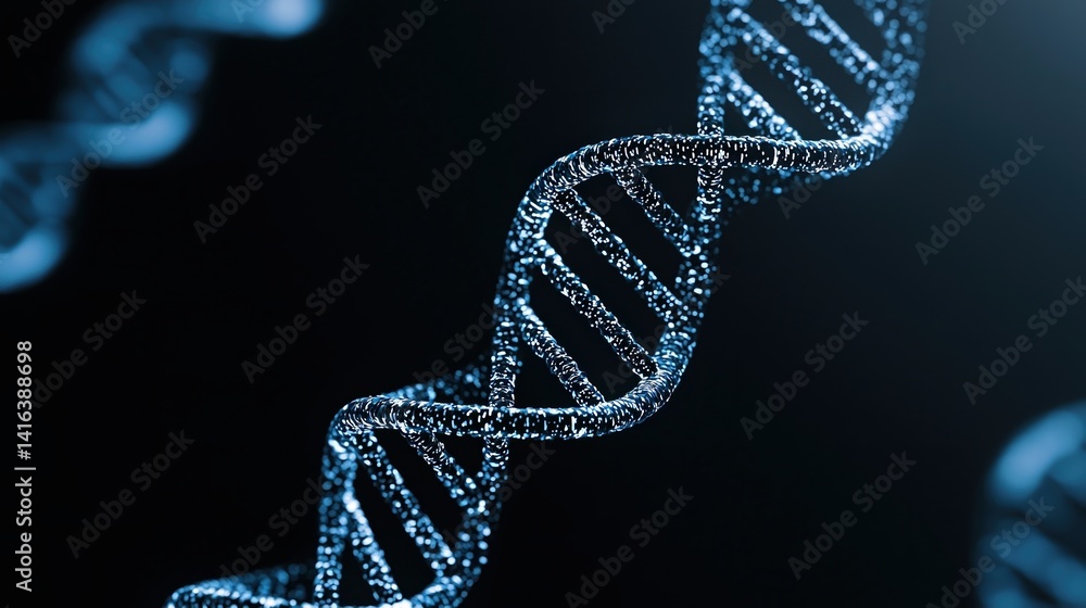 Poster a close-up view of a dna double helix structure illuminated against a dark background, showcasing it