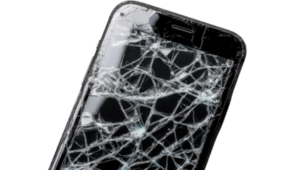Broken screen phone: A close-up shot of a damaged smartphone. showing extensive cracks on the screen, symbolizing technological breakdown and damage.