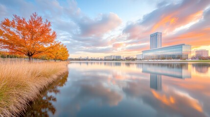 Tranquil autumn lake sunset reflection photography peaceful nature scene