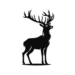 Black silhouette vector of a deer with antlers standing on white background