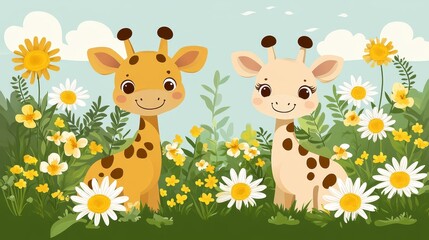 Enchanting Giraffe Duo Amidst Blooming Daisies Whimsical Giraffe Characters Playful Cartoon Animals in a Vibrant Flower Meadow Background Illustration