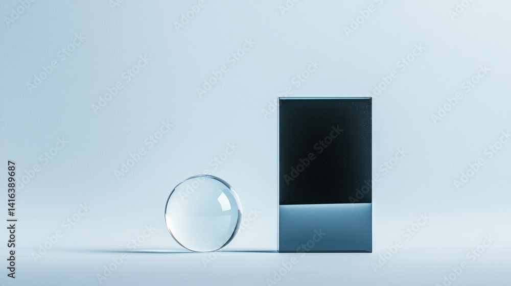 Poster a minimalist composition featuring a glass sphere and a rectangular block, highlighting geometric sh