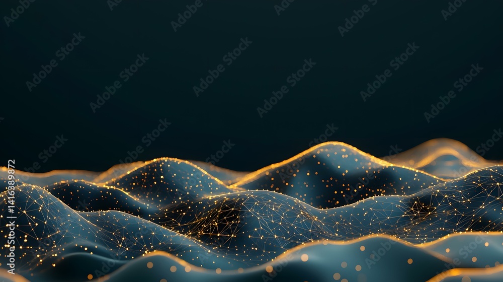 Poster the image shows a dark, abstract landscape of undulating hills and valleys. a network of glowing, go