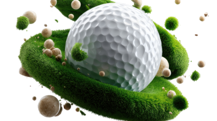 Golf Ball Art: A studio shot of a golf ball amidst a creative arrangement of artificial elements, evoking the spirit of golf in an innovative presentation.