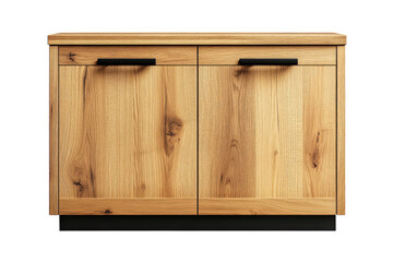 Rustic oak wood sideboard with two doors and black handles against a black background Stylish and functional storage for your home on transparent background