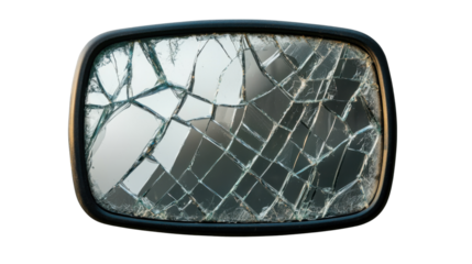 Shattered Reflection: A close-up of a fragmented rearview mirror, a symbol of brokenness and damage.