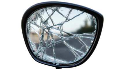Cracked Side Mirror Reflection: A broken side mirror showcases a shattered reflective surface. Its fractured form distorts the view, revealing a glimpse of the surroundings beyond.