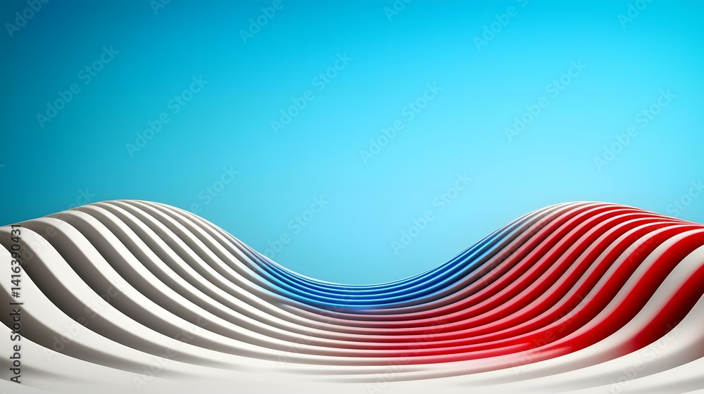 Poster an abstract image showing a series of wavy, parallel lines in shades of white, blue and red against 