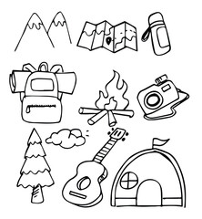 Fototapeta premium Camping outdoor doodle set. Hand drawn hiking illustration. Wild adventure equipment. Navigation and camp cartoon simple vector collection